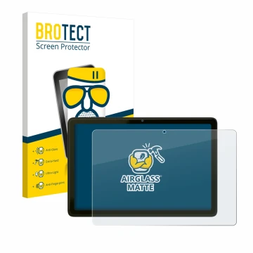 Front side of a product packaging with the brand logo BROTECT. Next to it is the device VALE Tablet V10A shown with the corres