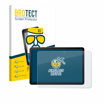 Front side of a product packaging with the brand logo BROTECT. Next to it is the device Wacom MovinkPad 11 shown with the corr