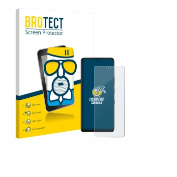 Front side of a product packaging with the brand logo BROTECT. Next to it is the device TCL 50 Pro NXTPaper 5G shown with the 