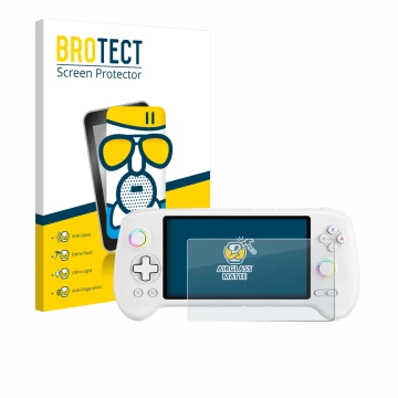 Front side of a product packaging with the brand logo BROTECT. Next to it is the device Anbernic RG557 shown with the correspo