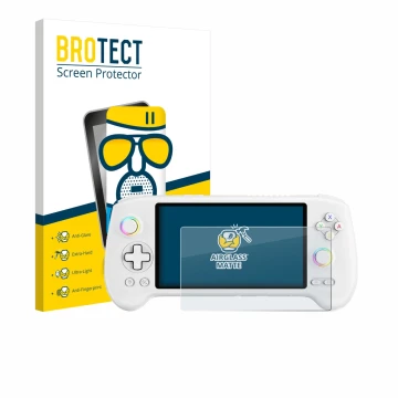 Front side of a product packaging with the brand logo BROTECT. Next to it is the device Anbernic RG556 shown with the correspo