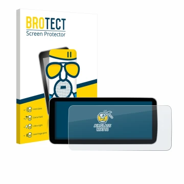 Front side of a product packaging with the brand logo BROTECT. Next to it is the device Ninetom Car Radio 12.3