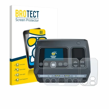 Front side of a product packaging with the brand logo BROTECT. Next to it is the device SkyRc D750 Mix shown with the correspo