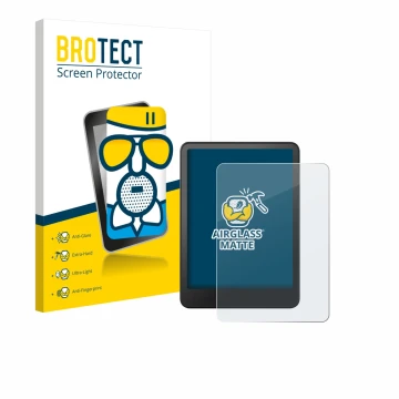 Front side of a product packaging with the brand logo BROTECT. Next to it is the device Amazon Kindle Colorsoft shown with the