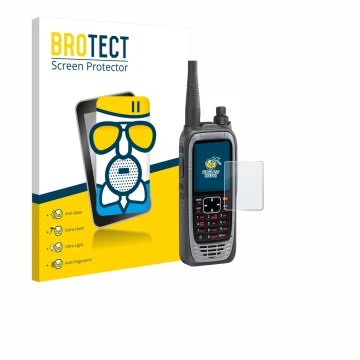Front side of a product packaging with the brand logo BROTECT. Next to it is the device Icom IC-A25NE /IC-A25CE shown with the