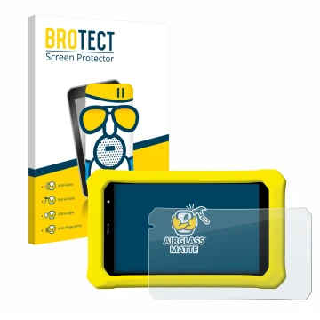 Front side of a product packaging with the brand logo BROTECT. Next to it is the device Clementoni Clempad 8