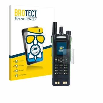 Front side of a product packaging with the brand logo BROTECT. Next to it is the device Baofeng DM-32 shown with the correspon