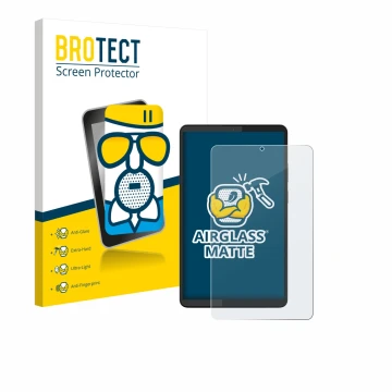 Front side of a product packaging with the brand logo BROTECT. Next to it is the device Lenovo Tab One 8.7