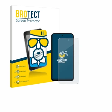 Front side of a product packaging with the brand logo BROTECT. Next to it is the device Xiaomi Redmi 15 4G shown with the corr