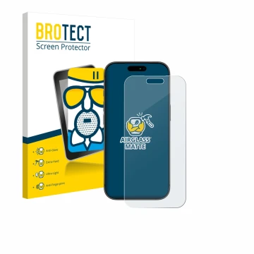 Front side of a product packaging with the brand logo BROTECT. Next to it is the device Apple iPhone 17 Pro Max shown with the