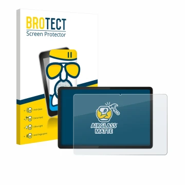 Front side of a product packaging with the brand logo BROTECT. Next to it is the device Lenovo Tab K11e shown with the corresp