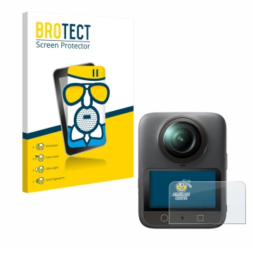 Front side of a product packaging with the brand logo BROTECT. Next to it is the device DJI Osmo 360 shown with the correspond