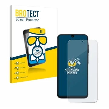 Front side of a product packaging with the brand logo BROTECT. Next to it is the device Samsung Galaxy A17 4G shown with the c