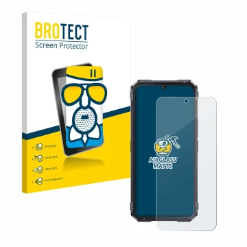 Front side of a product packaging with the brand logo BROTECT. Next to it is the device Cubot King Kong 11 shown with the corr