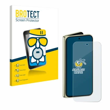 Front side of a product packaging with the brand logo BROTECT. Next to it is the device Google Pixel 10 Pro Fold shown with th