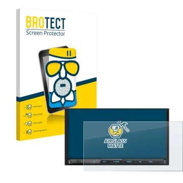 Front side of a product packaging with the brand logo BROTECT. Next to it is the device Kenwood DMX8021DABS shown with the cor