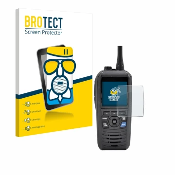 Front side of a product packaging with the brand logo BROTECT. Next to it is the device Icom IC-M94D shown with the correspond