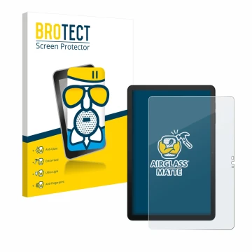 Front side of a product packaging with the brand logo BROTECT. Next to it is the device Telekom T Tablet 2 shown with the corr