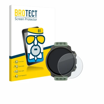 Front side of a product packaging with the brand logo BROTECT. Next to it is the device Suunto Vertical 2 shown with the corre