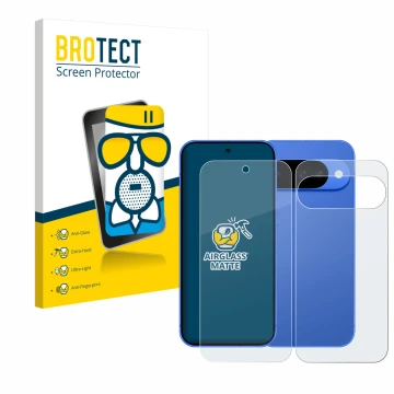 Front side of a product packaging with the brand logo BROTECT. Next to it is the device Google Pixel 10 (Front+Back) shown wit