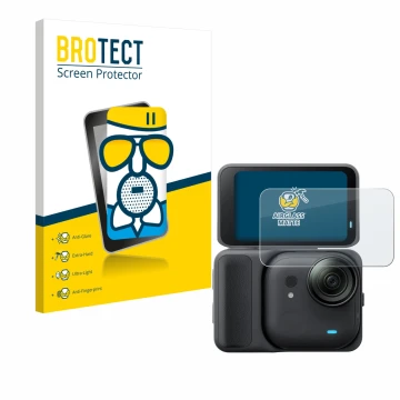 Front side of a product packaging with the brand logo BROTECT. Next to it is the device Insta360 Go Ultra shown with the corre