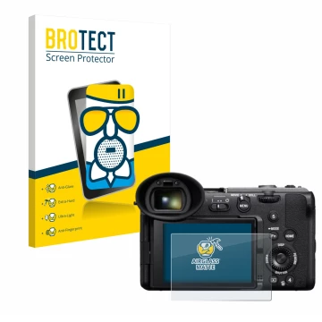 Front side of a product packaging with the brand logo BROTECT. Next to it is the device Sony Cinema Line FX2 shown with the co