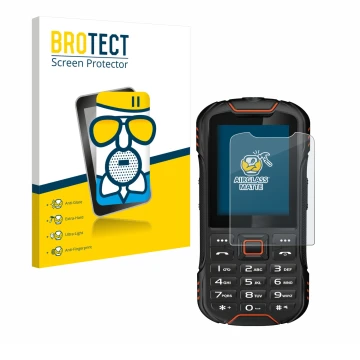 Front side of a product packaging with the brand logo BROTECT. Next to it is the device Gigaset GLX8 shown with the correspond