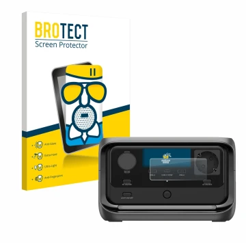 Front side of a product packaging with the brand logo BROTECT. Next to it is the device EcoFlow River 3 Plus shown with the co