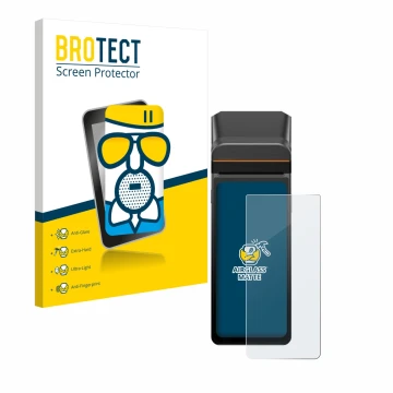 Front side of a product packaging with the brand logo BROTECT. Next to it is the device Sunmi V3H shown with the corresponding