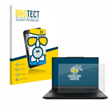 Front side of a product packaging with the brand logo BROTECT. Next to it is the device XMG Pro 16 shown with the correspondin