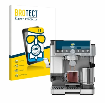 Front side of a product packaging with the brand logo BROTECT. Next to it is the device Ninja Luxe Cafe Pro ES701EU shown with