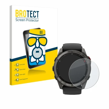 Front side of a product packaging with the brand logo BROTECT. Next to it is the device Garmin Fenix 8 Pro MicroLED (51 mm) sh