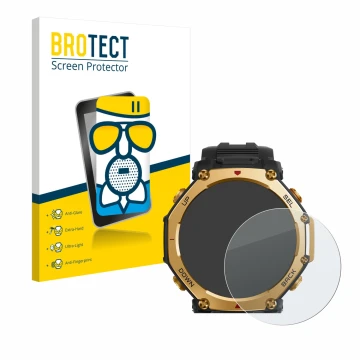 Front side of a product packaging with the brand logo BROTECT. Next to it is the device Huami Amazfit T-Rex 3 Pro (48 mm) show