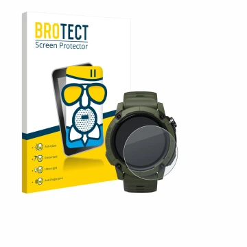 Front side of a product packaging with the brand logo BROTECT. Next to it is the device Coros NOMAD shown with the correspondi