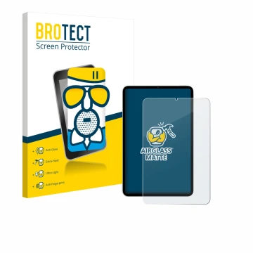 Front side of a product packaging with the brand logo BROTECT. Next to it is the device Xiaomi Pad Mini shown with the corresp