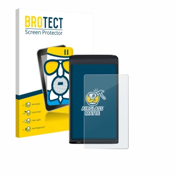 Front side of a product packaging with the brand logo BROTECT. Next to it is the device Vasco Translator Q1 shown with the cor