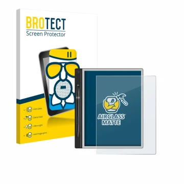 Front side of a product packaging with the brand logo BROTECT. Next to it is the device Montblanc Digital Paper shown with the