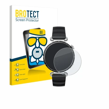 Front side of a product packaging with the brand logo BROTECT. Next to it is the device Huawei Watch GT 6 (41 mm) shown with t