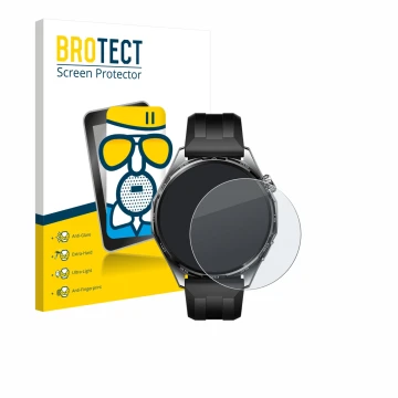 Front side of a product packaging with the brand logo BROTECT. Next to it is the device Huawei Watch GT 6 (46 mm) shown with t
