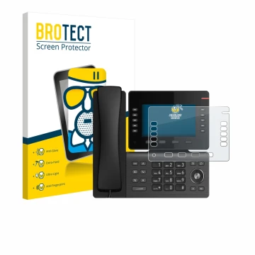Front side of a product packaging with the brand logo BROTECT. Next to it is the device Snom D865 shown with the corresponding