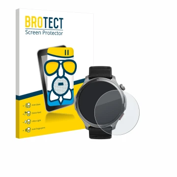 Front side of a product packaging with the brand logo BROTECT. Next to it is the device Huami Amazfit Balance 2 XT shown with 