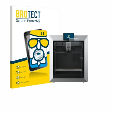 Front side of a product packaging with the brand logo BROTECT. Next to it is the device Qidi Tech Q2 shown with the correspond