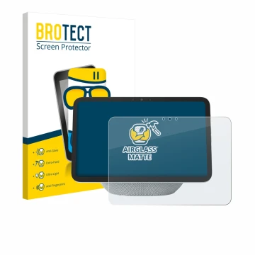 Front side of a product packaging with the brand logo BROTECT. Next to it is the device Amazon Echo Show 11 2025 shown with th