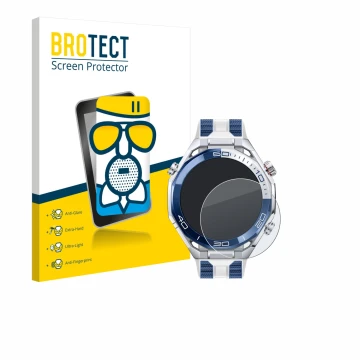 Front side of a product packaging with the brand logo BROTECT. Next to it is the device Huawei Watch Ultimate 2 Blue shown wit