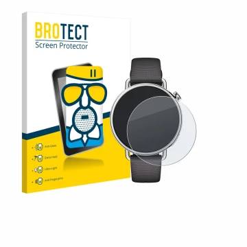 Front side of a product packaging with the brand logo BROTECT. Next to it is the device Xiaomi Watch S4 (41 mm) shown with the