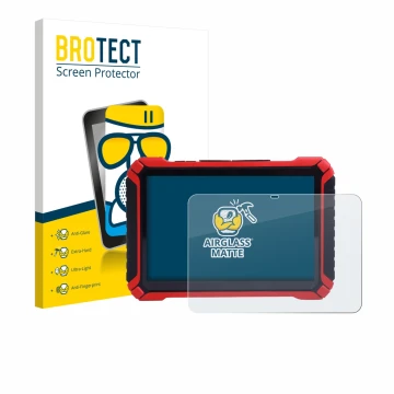 Front side of a product packaging with the brand logo BROTECT. Next to it is the device Launch X-431 Pad IX shown with the cor