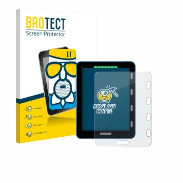 Front side of a product packaging with the brand logo BROTECT. Next to it is the device Vakaros Atlas 2 / Edge shown with the 