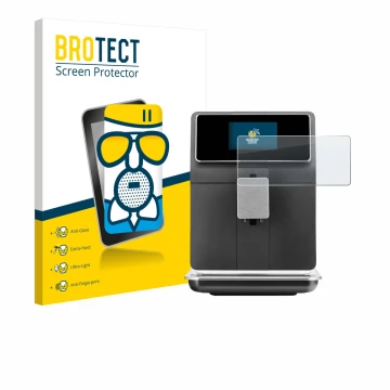 Front side of a product packaging with the brand logo BROTECT. Next to it is the device WMF Perfection 860L shown with the cor