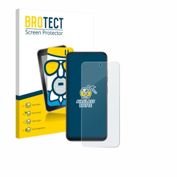 Front side of a product packaging with the brand logo BROTECT. Next to it is the device Infinix Smart 10 shown with the corres