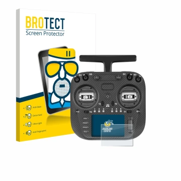 Front side of a product packaging with the brand logo BROTECT. Next to it is the device Radiomaster TX15 Max shown with the co